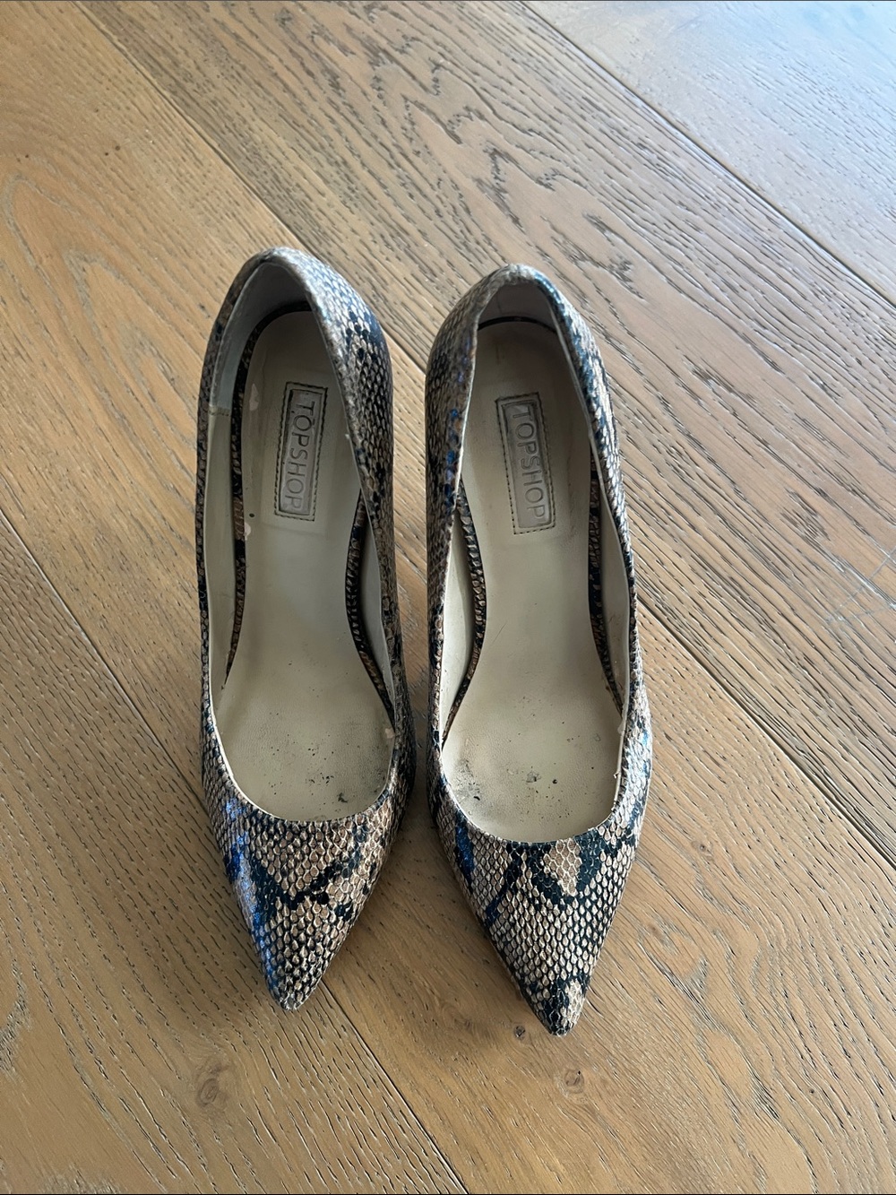 Topshop Snake-Print Pointed Toe Pumps in Beige and Black